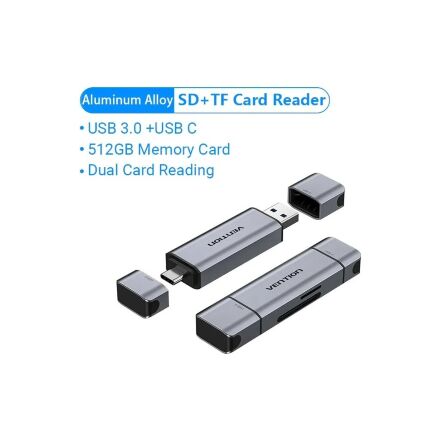 Считыватель флеш-карт Vention USB 3.0 AM/USB-C to SD+TF Gray Dual Drive Letter Aluminum Alloy (CLLH0)