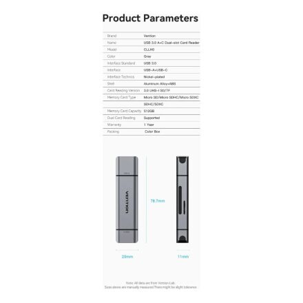 Считыватель флеш-карт Vention USB 3.0 AM/USB-C to SD+TF Gray Dual Drive Letter Aluminum Alloy (CLLH0)